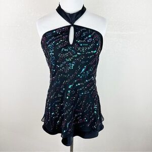 DVF Diane Von Furstenberg Black Silk Sequin Halter Disco Retro 90s Y2k Top 10